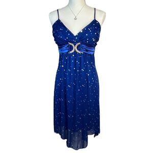 Vintage Y2K Deb Babydoll‎ Dress XL Rhinestone Empire Waist Blue Formal Glam USA